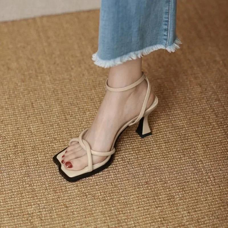 

Fashion 2025 Summer Narrow Band Heel Sandals Women Thick Heel 7 CM Ankle Strap Fashion Square Toe Ladies Dress Sandalias Women s shoes 34