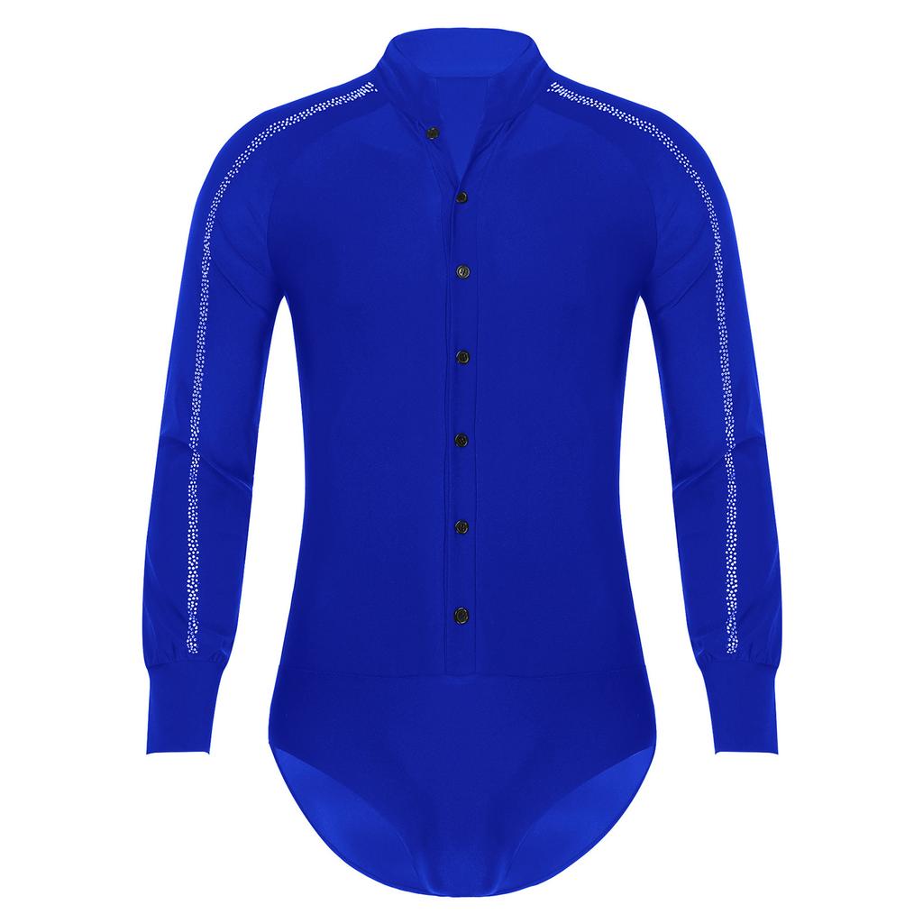 Mens Latin Dance Shirt Raglan Sleeve Stand Collar Button Front Sparkly Rhinestone Leotard Competition Costume