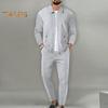2Pcs/Set Men Outfit Lapel Long Sleeve Zipper Placket Coat Elastic Waist Adjustable Drawstring Long Pants Set