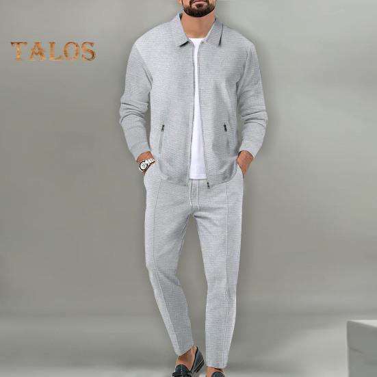 2Pcs/Set Men Outfit Lapel Long Sleeve Zipper Placket Coat Elastic Waist Adjustable Drawstring Long Pants Set