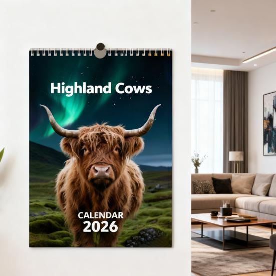 Kalendář s skotským náhorním dobytkem 2026 leden 2026 - prosinec 2026 12měsíční plánovač Skotská nástěnná umělecká dekorace pro domácí kancelář