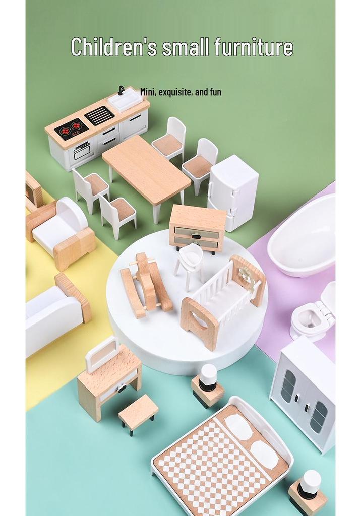 Children's Wooden Dollhouse Furniture Set - Mini Sofa & Bed Props