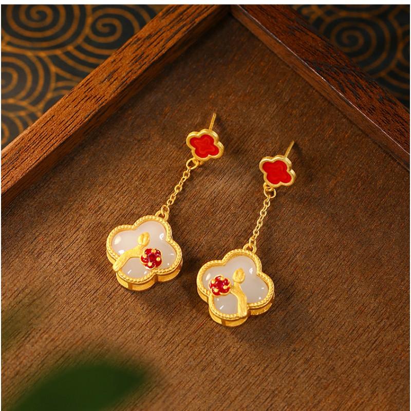 Elegant Chinese-Inspired Gold-Plated Clover Jewelry Set With Faux Jade Stones Women O-Chain Necklace Earrings Pendant