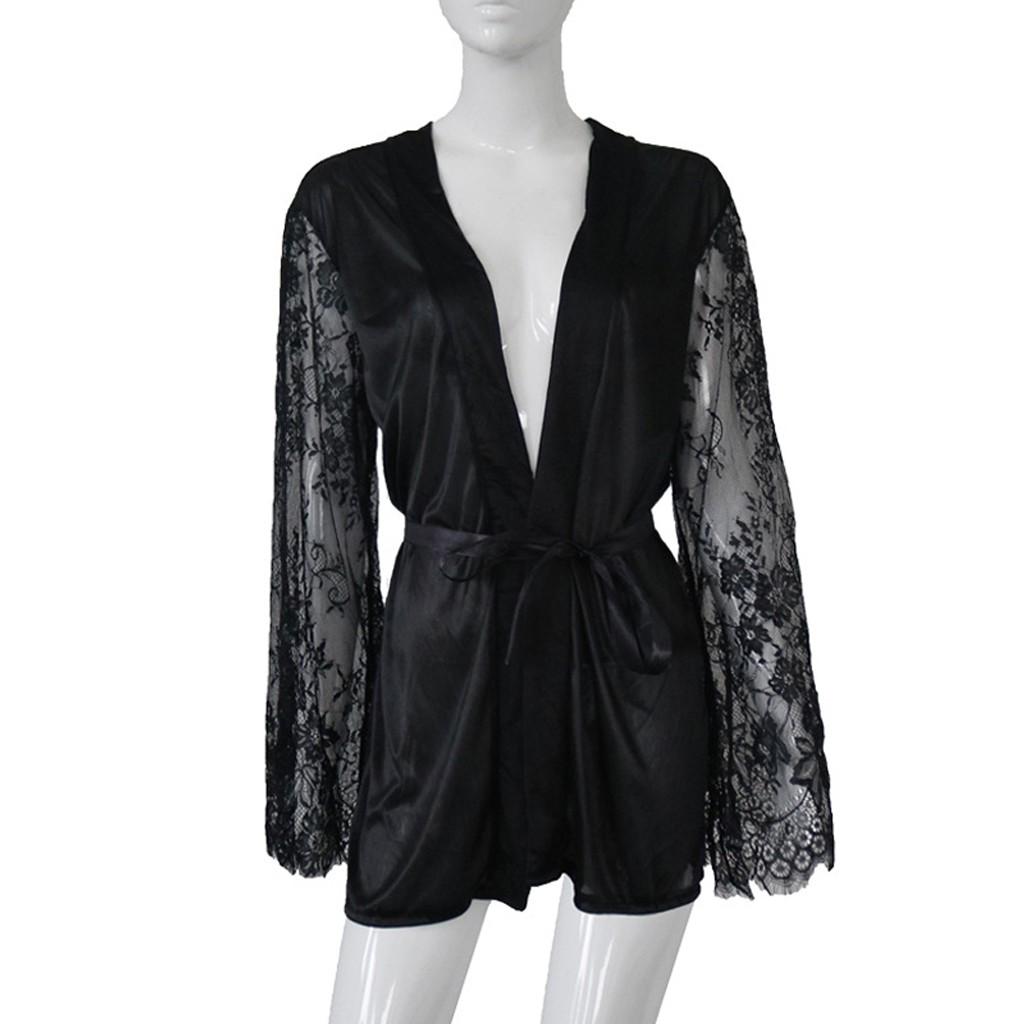 Women Satin Robe Lace Long Sleeve Silk Lingerie Bathrobe Belt Loose Nightgowns
