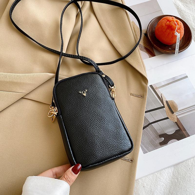 New Women Purses Solid Color Genuine Leather Shoulder Strap Bag Mobile Phone Bag Card Holders Wallet Black Cowhide Handbag