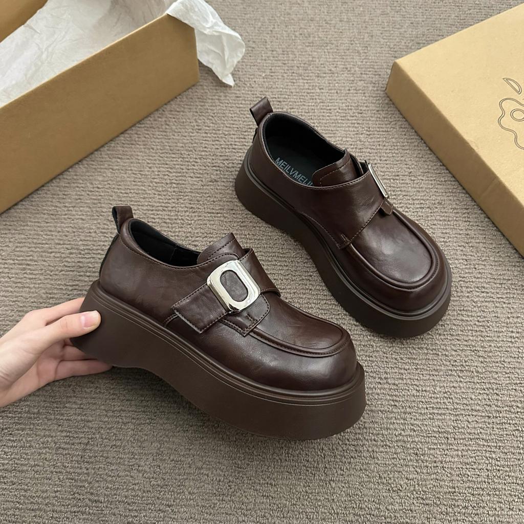 Black Round Head High-end Small Leather Shoes Women's Spring 2025 New Muffin Shoes Platform Sweet Cool Single Shoes Loafers