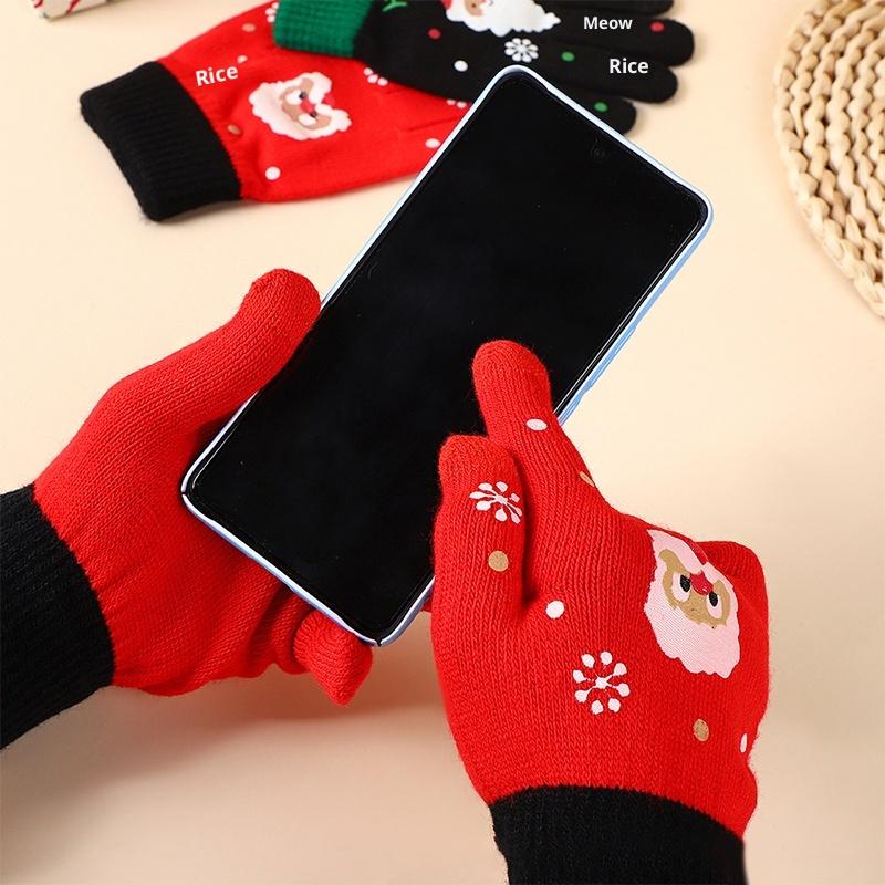 Christmas Cartoon Knitted Gloves Santa Claus Print Gloves Winter Warm Touchscreen Gloves For Kids Adults Xmas Gift