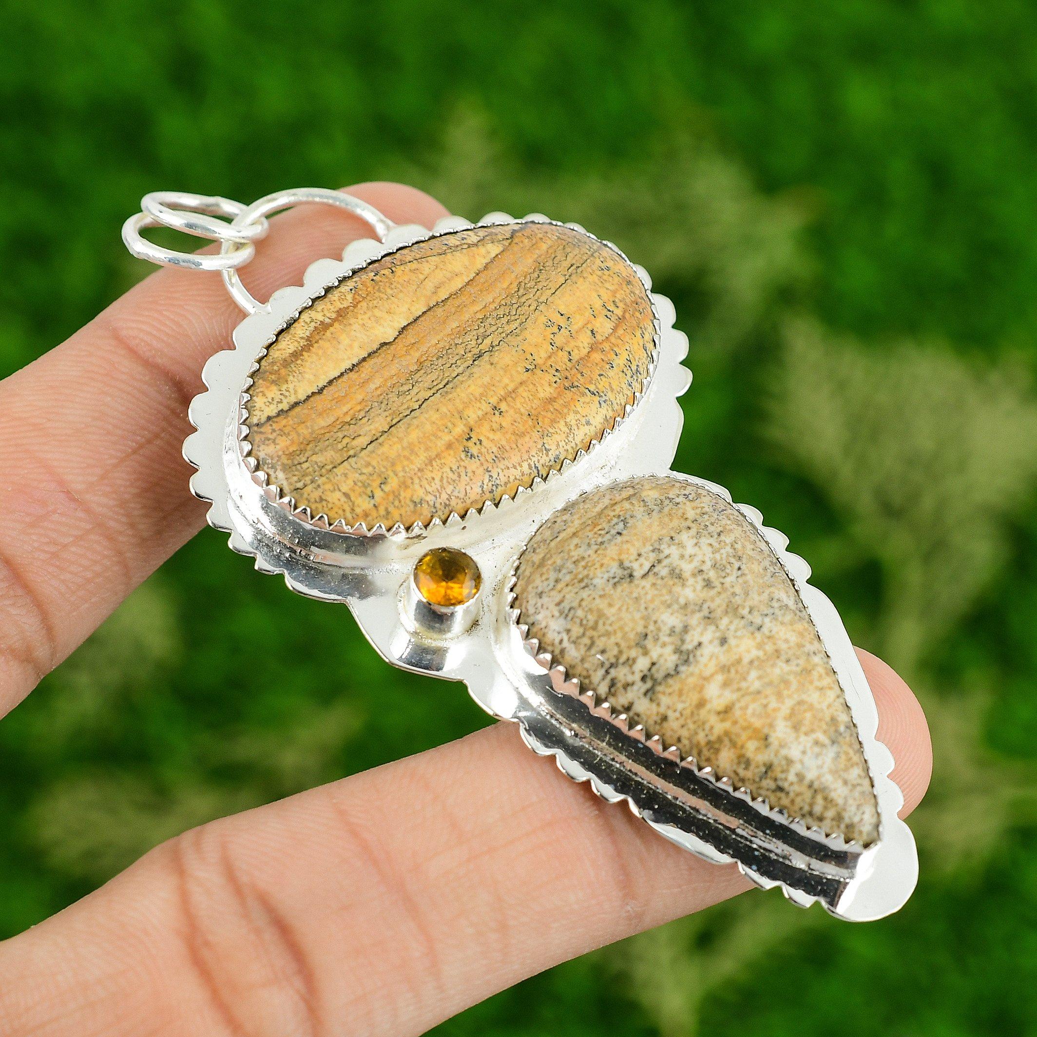 

Oval Picture Jasper Gemstone Citrine Bezel Daughter Artisan Pendant 925 Silver