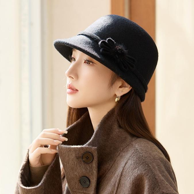 New Hat Women's Elegant Retro Basin Hat Wool Woolen Mother Hat Classic Bow Thermal Hat