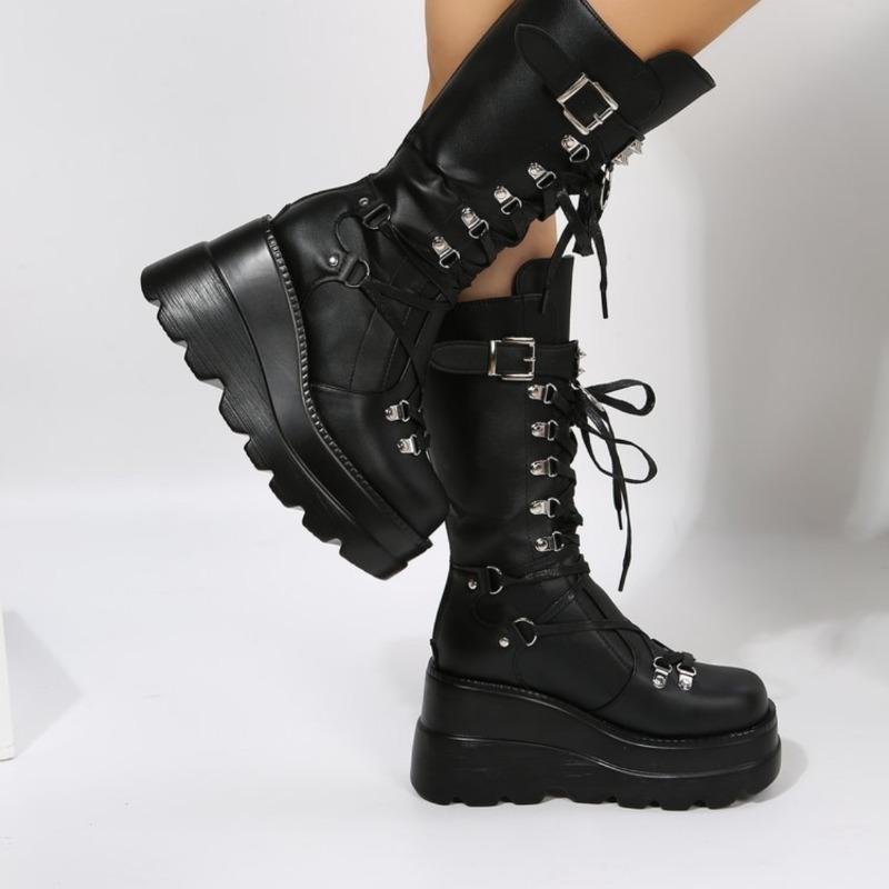 Plus Size Autumn Women Boots Buckle Round Toe Wedges Platform Boots Women Punk Goth Street Combat Shoes for Women Botas De Mujer