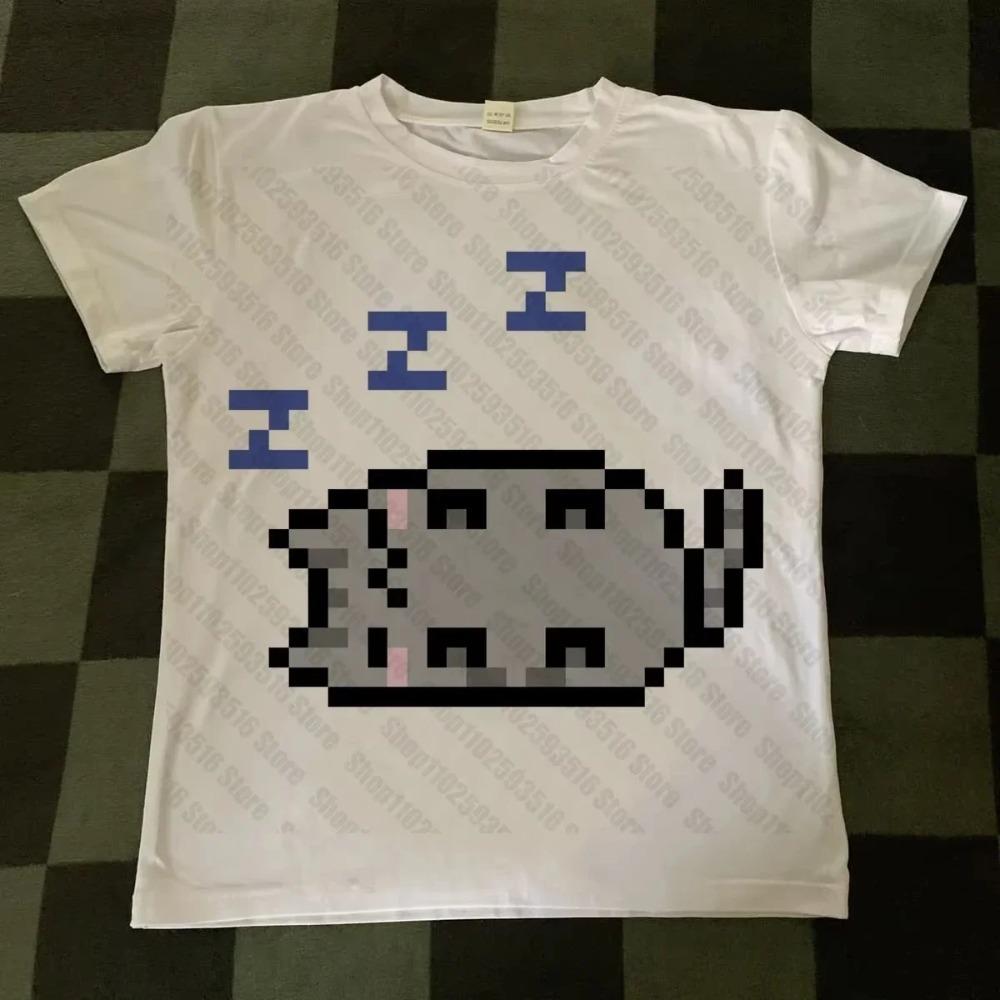 2026 Cute Sleepy Gray Pixel Cat Three Zzz Symbol Graphic T Shirt Simple Pixel Animal Print White Cotton Short Sleeve Tee