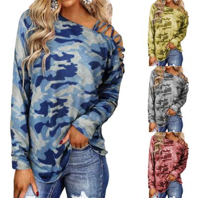 Women Fashion T-Shirt Printed Round-necked Long-sleeved Top Camouflage Pullover