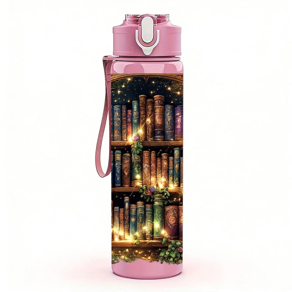 1PC Vintage Old Books Library Shelf Print 750ml Color Plastic Sports Water Bottle Leakproof Flip Straw Lid Suitable for Sports Office Home Use