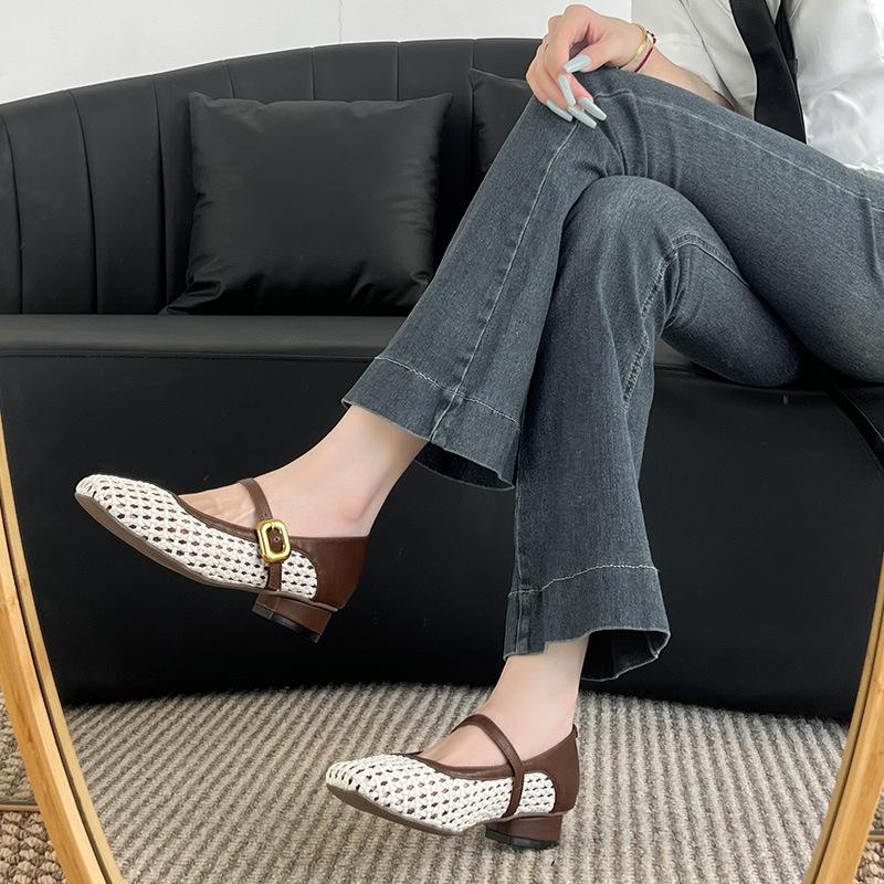 Retro Soft Leather Square Head Woven Hollow Mary Jane Shoes Women's Shallow Mouth Square Head Thick Heel with Sandals