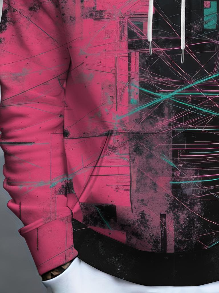 Men's Fashion Long-Sleeve Hoodie, Trendy Printed Sport Sweatshirt with Black, Pink, and Green Abstract Geometric Line Art. Soft, Comfortable, and