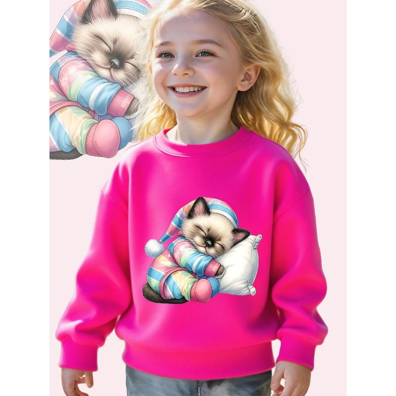 Girls Pastel Cat Print Sweatshirt - Soft Pastel Pink & Blue Sleeper Design, Cozy Loose-Fit Long Sleeve Crewneck 110 розы красного
