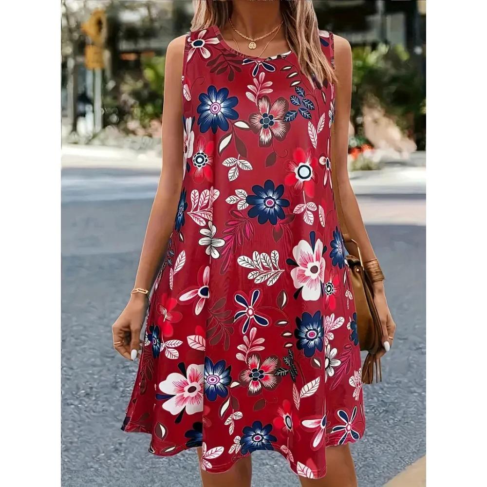 Summer Colorful Floral Print Round Neck Sleeveless Vest Dress Beach Vacation Plus Size Casual Comfortable Soft Breathable Women Mini Dress