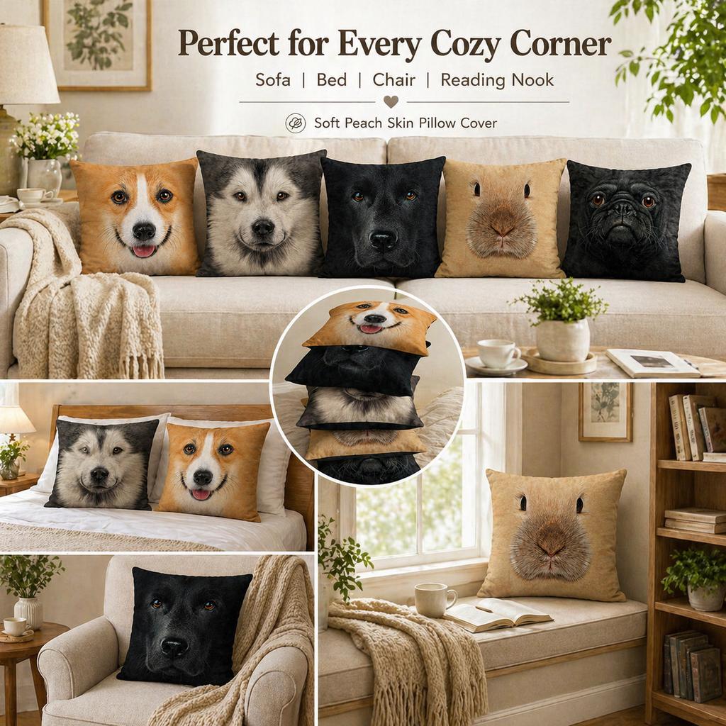 Cute Dog Face Cushion Cover Husky Corgi Pug 2D Flat Print Peach Skin Throw Pillow Case For Sofa Home Decor Pet Lover Gift 45X45
