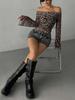 European and American Off-Shoulder Leopard Print Long-Sleeve T-Shirt for Women