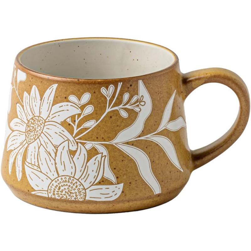 Large Ceramic Coffee Mug 360ml, Cute Cup for Women, Ideal for Tea or Coffee,Hand Painted Floral Design Pottery Mug,1pc