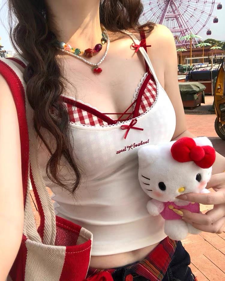 #Human cotton vitality dopamine plaid cross bra sling vest pure desire babes fake two small tops women