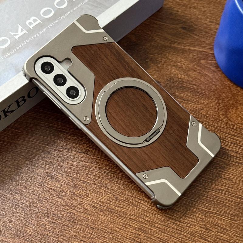 Walnut Wood Metal Borderless Armor Phone Case For Samsung Galaxy A57/A56 360 Rotating Magnetic Bracket Shockproof Cover