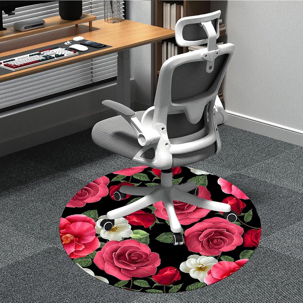 1pc Rose Floral Pattern Chair Carpet for Office, Round Non Slip Durable Large Size Office Carpet, Suitable for Office