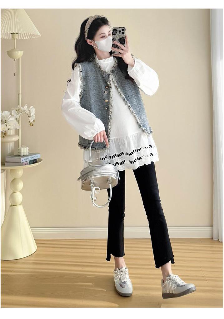 Spring 2026 Tassel Denim Vest & Korean Lace Patchwork Shirt Two-Piece Set