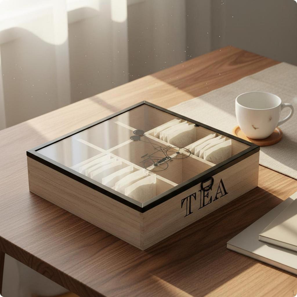 Wooden Tea Box Separate Compartments Packet Organizer Desktop Display Lidded for