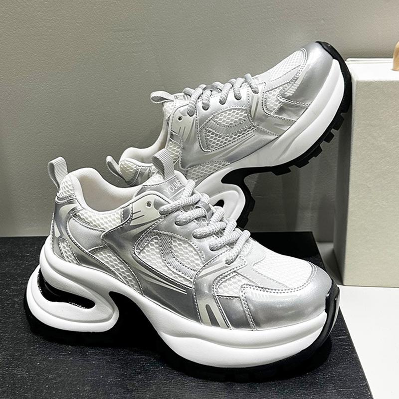 Fashion Casual Thick Sole Mesh Breathable Height Increasing Tenis Shoes Lace Up Sneakers Women Casual Thick Sole Sneakers 35-40
