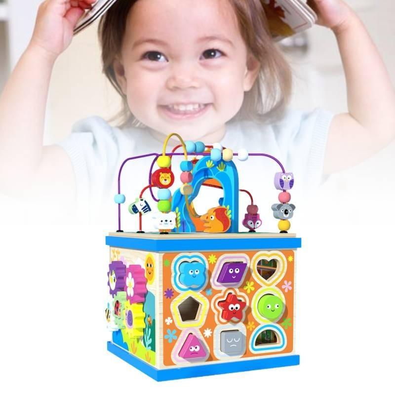 Large Wooden Multifunctional Educational Bead Box For Kids With Shape Sorting And Sensory Play Features