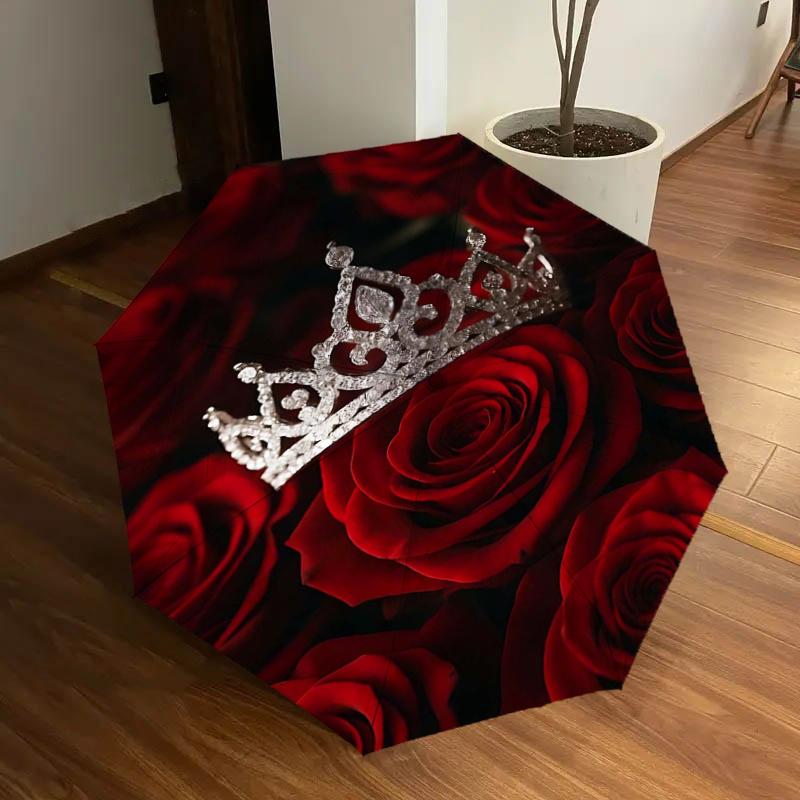 

Royal Crown Tiara with Red Roses - Automatic Opening Folding Umbrella, Portable Tri-Fold Design, 8-Bone Iron Frame, Outdoor, Perfect Gift fo