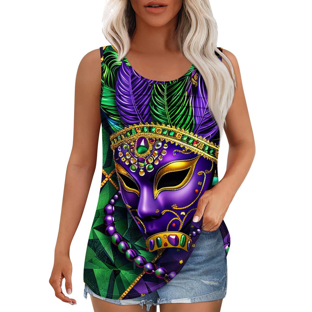 Tank Top For Women Summer Outfits Sleeveless Print Blouses Casual Loose Shirts Scooped Neck Pleated Front