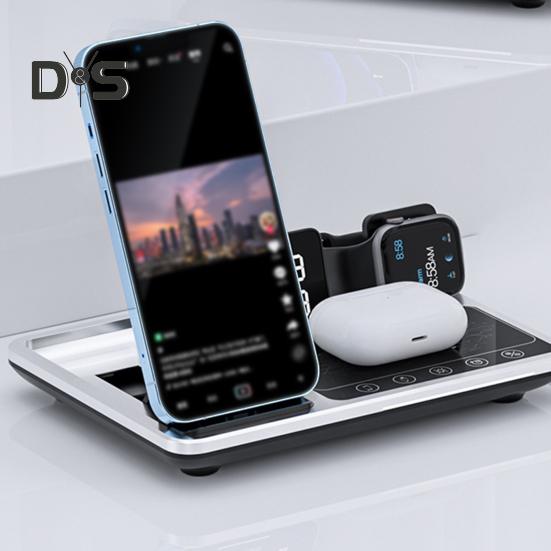 4 In 1 Wireless Charger Stand with Alarm Clock & Night Light Foldable Fast Charging Dock One-Key Lifting Smartwatch Charging Stand for IPhone