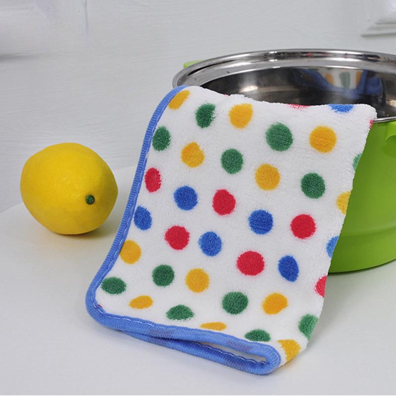 New Round Dot Coral Fleece Cloth Kitchen Dishwashing Cloth Thickened Absorbent Dishwashing Square Towel Household Towel with Hanging Rope Hand Towel