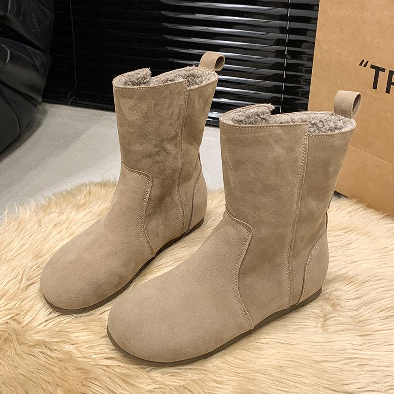 Damen Knöchelboots 2026 Herbst Winter Mode Runde Spitze Damen Kurze Stiefel Niedriger Absatz Plateau Lässig Plüsch Warm Baumwolle Botas Mujer