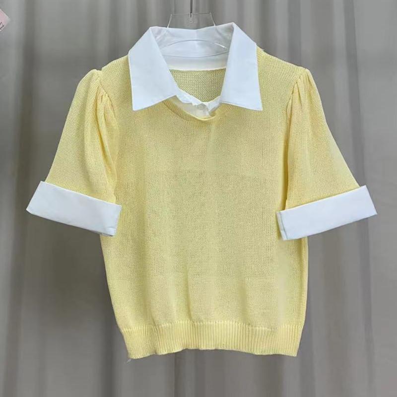 Summer Niche Ageing Knit Shirt Simple College Style Splicing Short-sleeved Tops Female Casual Essential Comfort and Style Slim Fit Pullovers Tees
