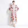 Frühling Herbst Damen Designer Print Laufstegkleid V-Ausschnitt Einreiher Lang Maxi Partykleider