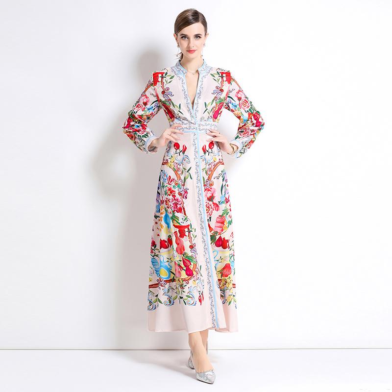 Frühling Herbst Damen Designer Print Laufstegkleid V-Ausschnitt Einreiher Lang Maxi Partykleider