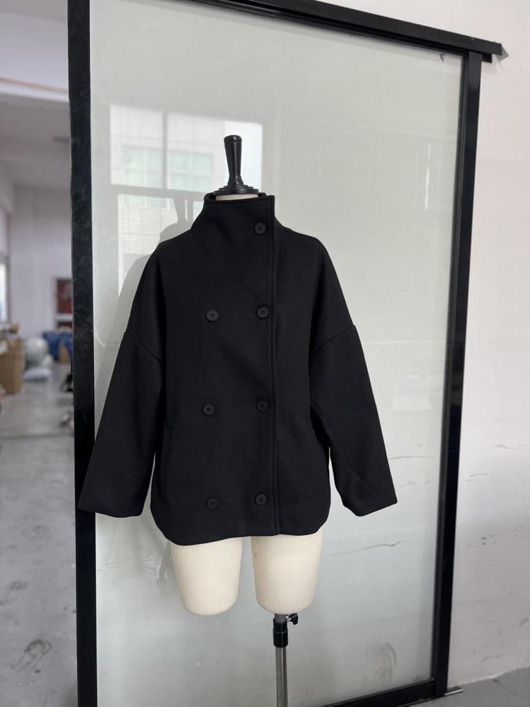 2025 Solid Color Double-Breasted Stand-Up Collar Short Coat - Long-Sleeved, Autumn/Winter