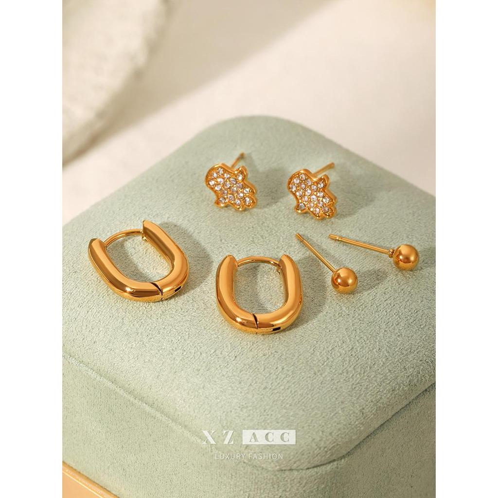 High-End Titanium Steel Round Earrings: European & American Versatile 3-Pair Set