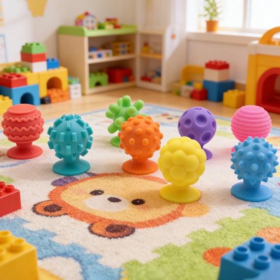 Silicone Sensory Ball with Suction Cup Base Anxiety Stress Relief Sensory Stone Portable Travel Mini Textured Worry Stone Fidget Toy