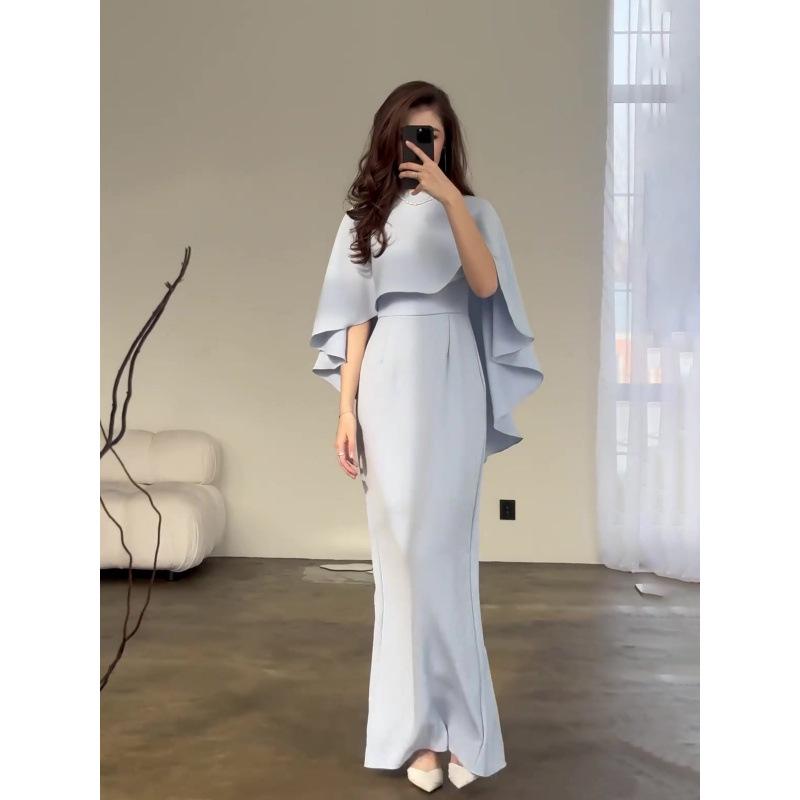 European and American 2024 Solid Color Satin Batwing Shawl Dress with Long Sleeves