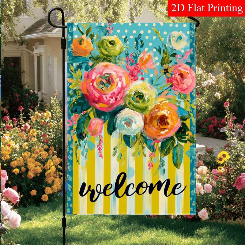 2D Flat, 2D Flat Welcome to Spring and Summer Flowers_ Yellow_ Blue_ Rose Stripes_ Dotted Garden Flag_2 (4)- Outdoor Garden Flag Double-sided Home Dec
