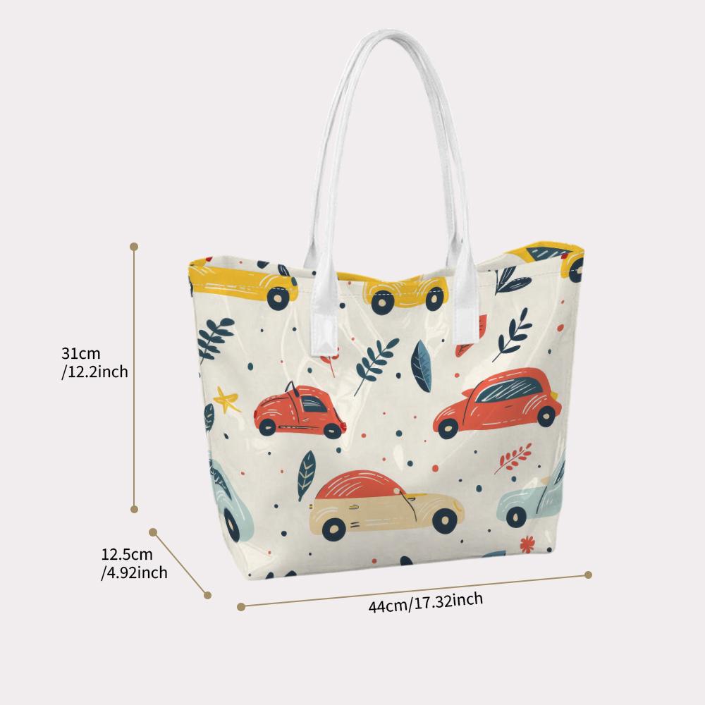 Cute Cartoon Car Printed Large Tote Bag Lightweight Casual Daily Use Portable Trendy Handbag