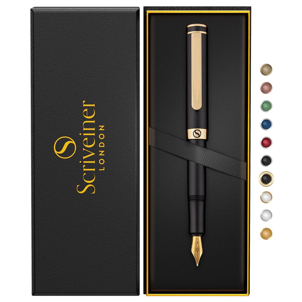 Scriveiner Premium EDC Fountain Pen Gorgeous Matte Black Pocket Pen with 2 Chrome Schmidt German and the Best Writing Pen Gift Set for Men and Stylish
