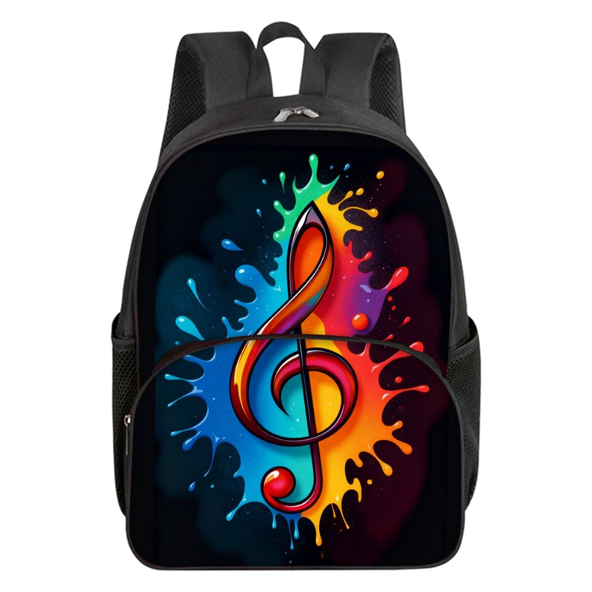 Sac à dos scolaire imprimé notes de piano colorées pour garçons/filles Meilleur cadeau Imperméable Dessin animé 2D Sac rond à poche avant pour enfants