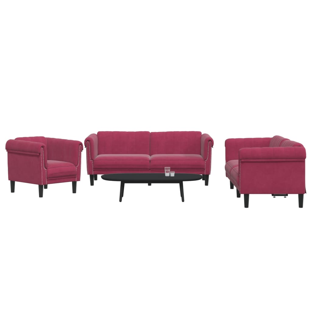 3 Piece Sofa Set Burgundy Velvet