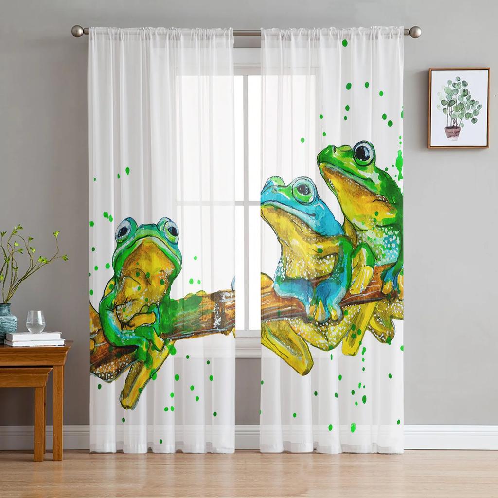 Kawaii Cartoon Frog Curtain Living Room Bedroom Dining Voile Drape Kitchen Window Tulle Curtains Home Essentials Sheer Polyester Ideal For Area