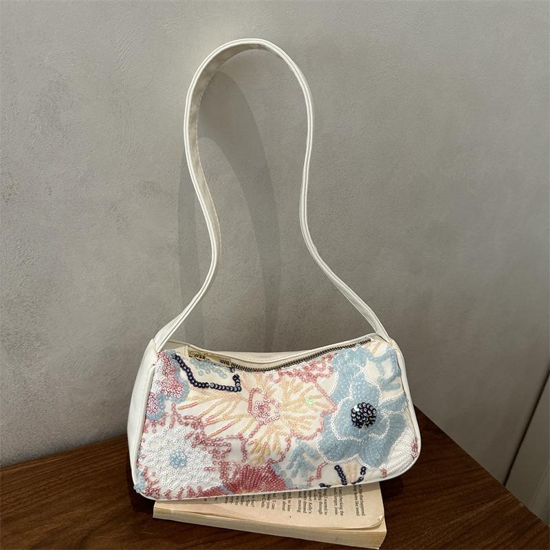 Yogodlns Boho Floral Sequin Shoulder Bag, Women's Vintage Embroidered Hobo Purse Casual Armpit Handbag for Daily Use